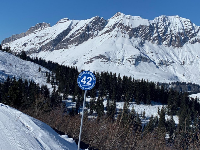 Piste retour station face aux Aravis, après avoir skié face au Mont-Blanc